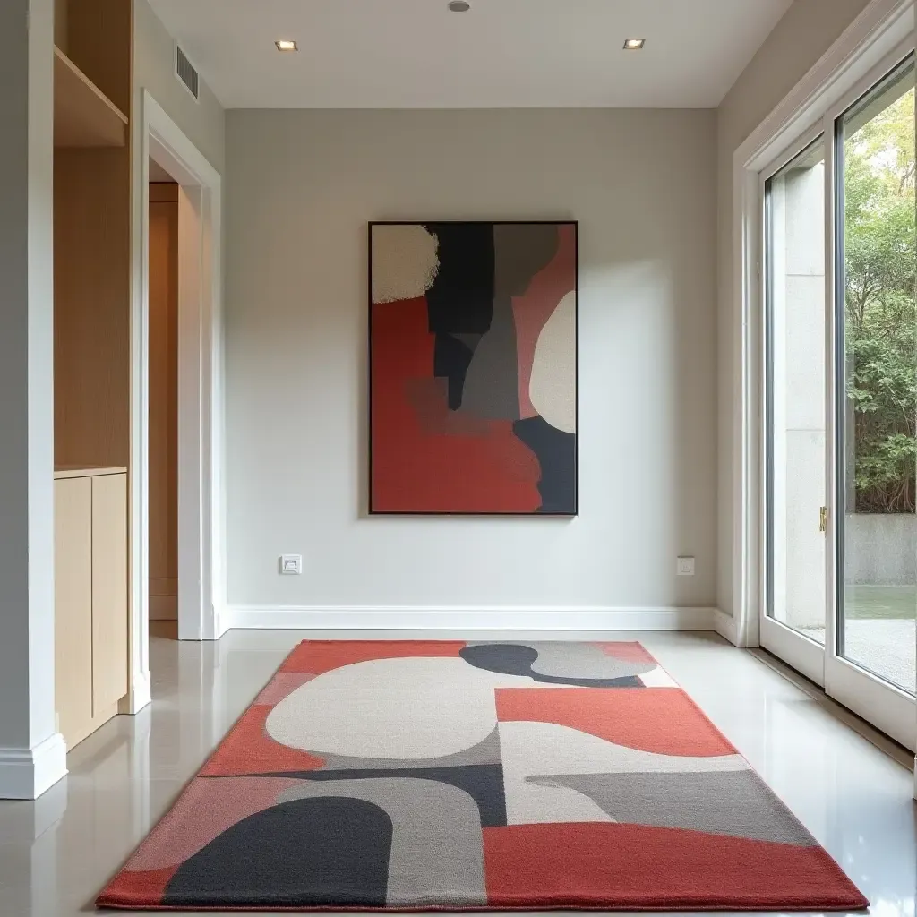 a photo of a bold, abstract art rug in a contemporary hallway