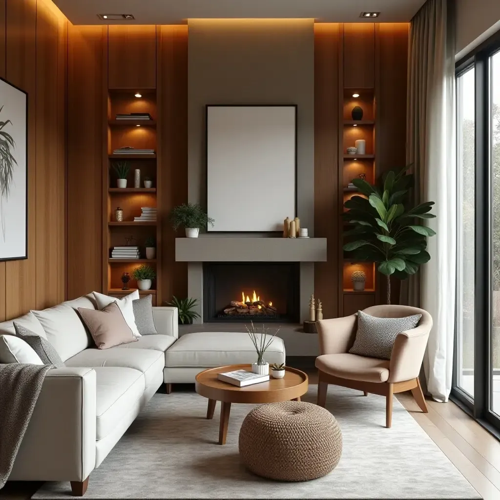 a photo of a living room with wooden accents and a cozy reading nook