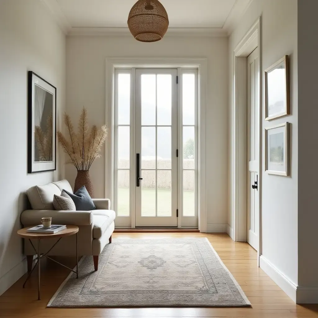 a photo of a welcoming entrance hall featuring a plush armchair and layered rugs