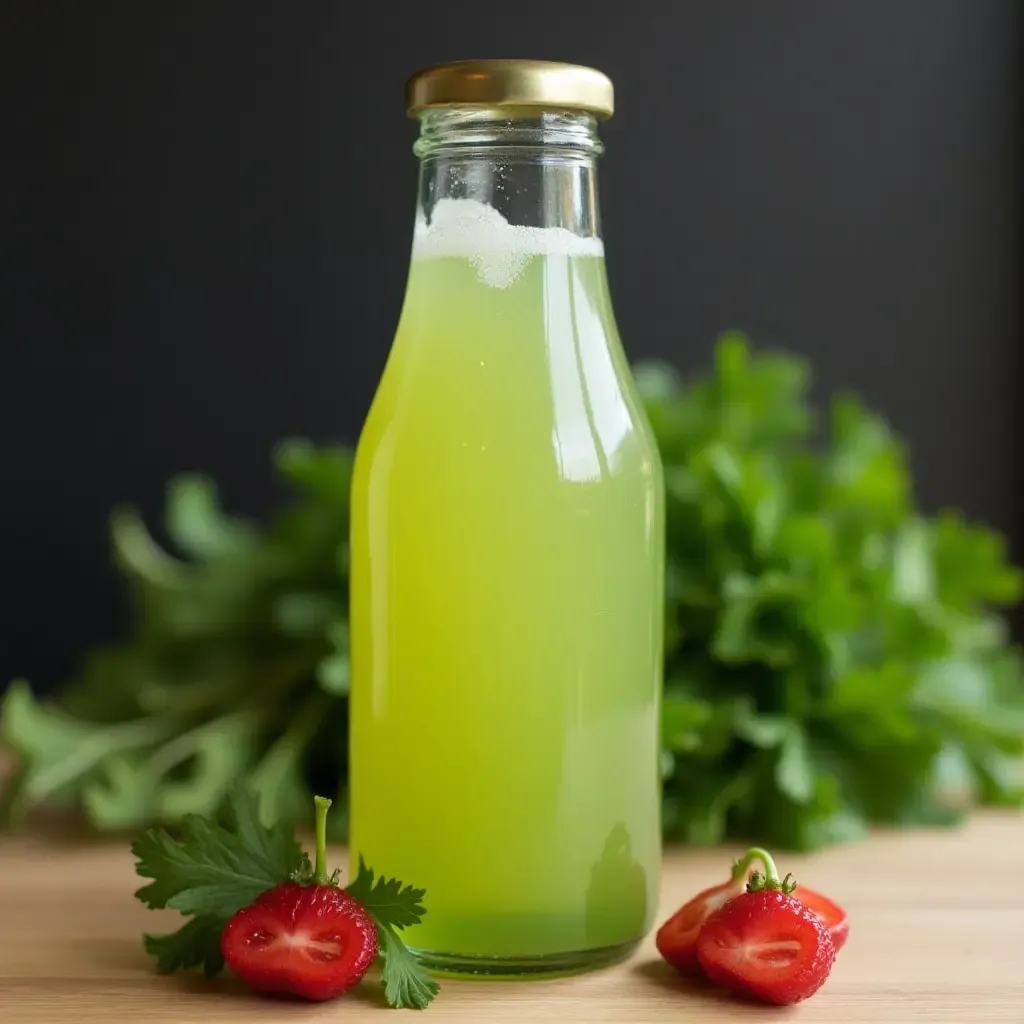 a photo of a chilled bottle of Rau Má, Vietnamese pennywort juice, with fresh herbs in the background.