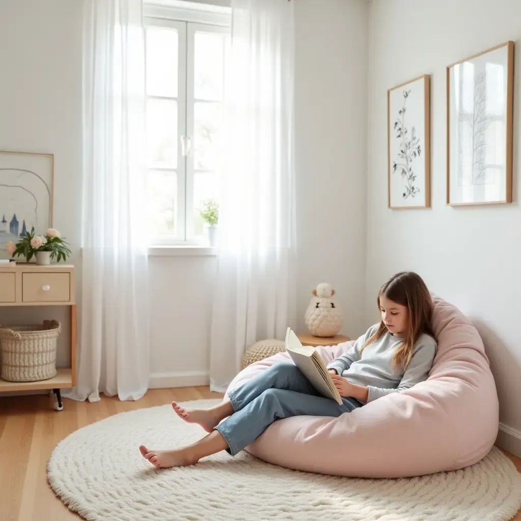 a photo of a nursery featuring a soft, oversized bean bag for reading