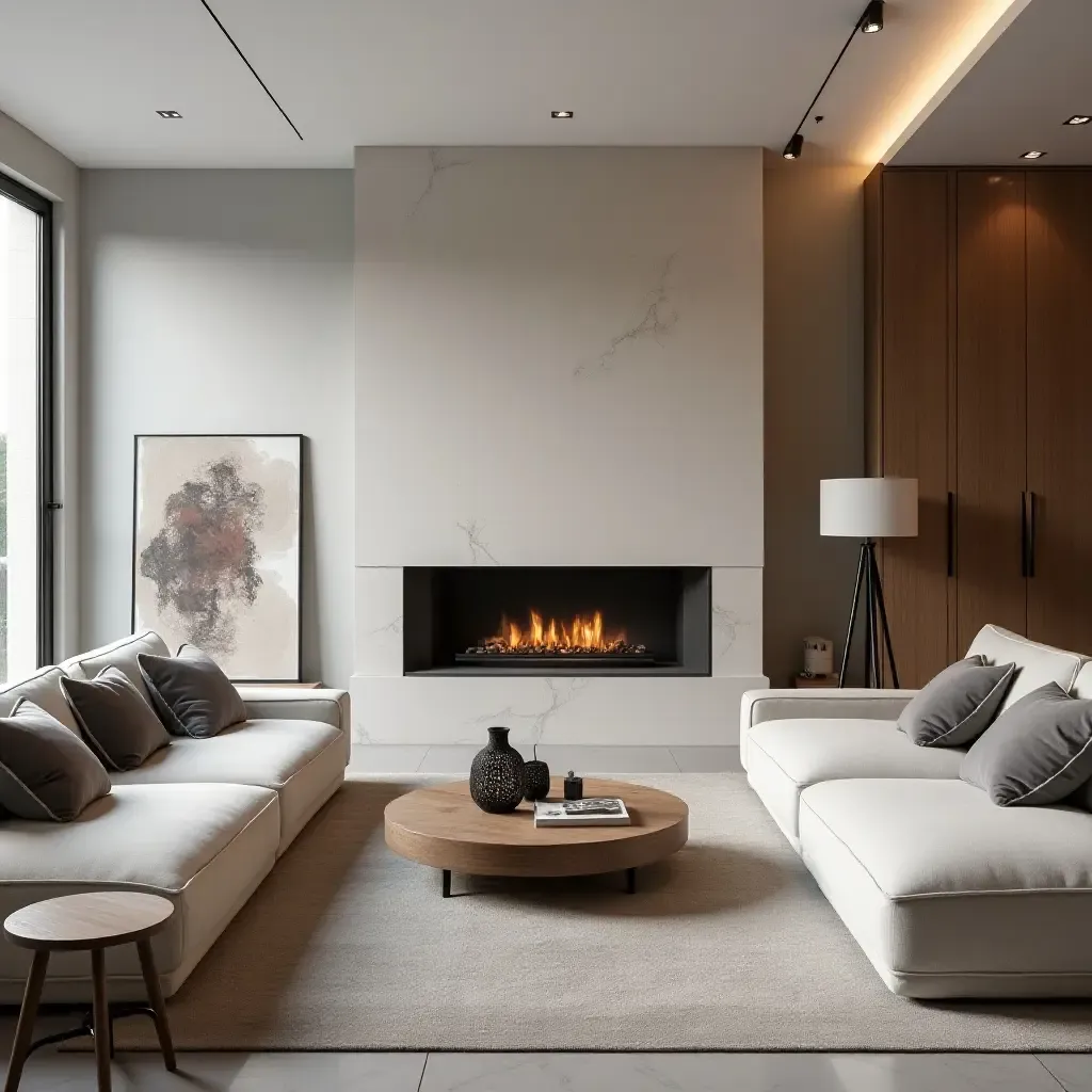 a photo of a chic living room with a sectional and a modern gas fireplace