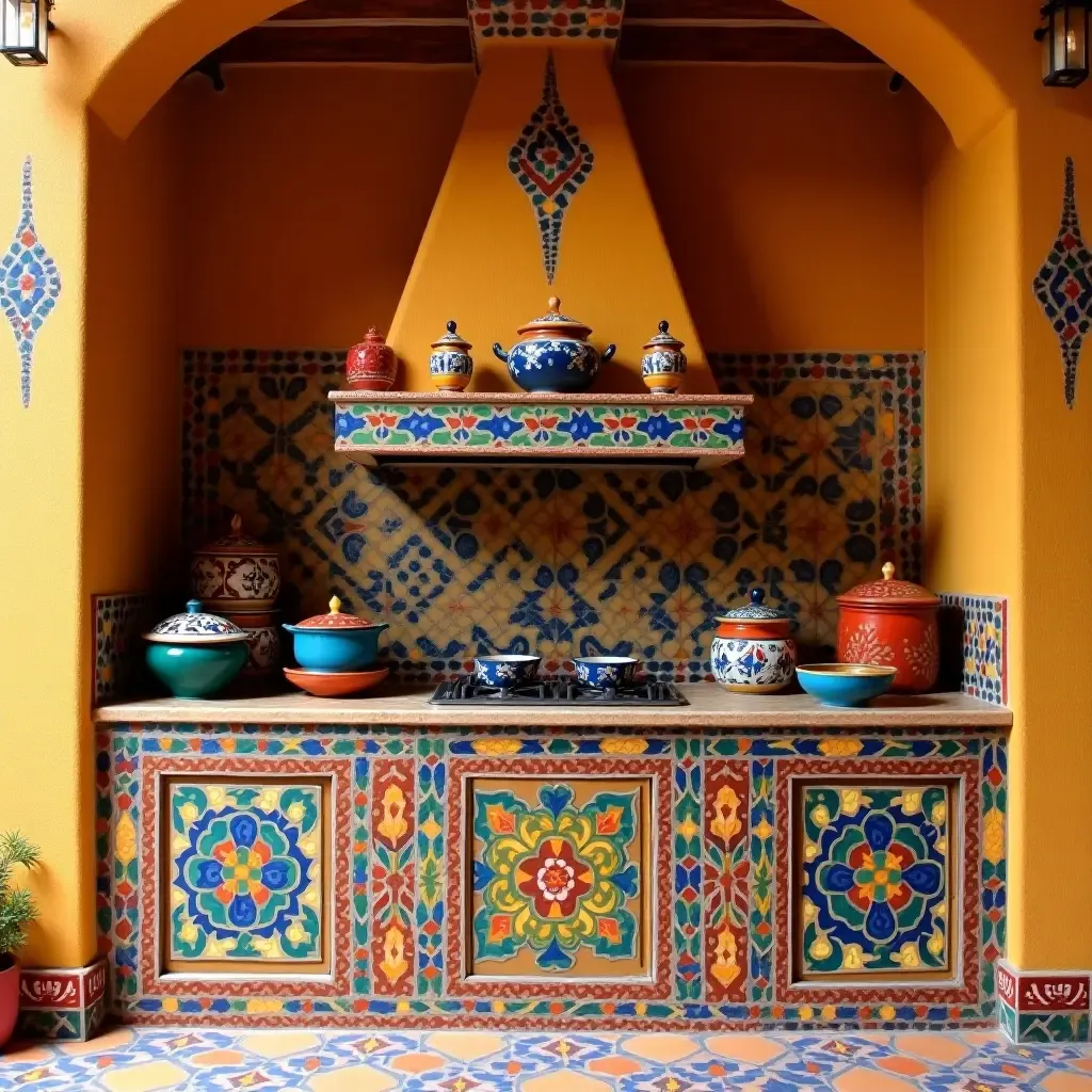 a photo of a colorful outdoor kitchen with vibrant tiles and traditional Mexican cookware