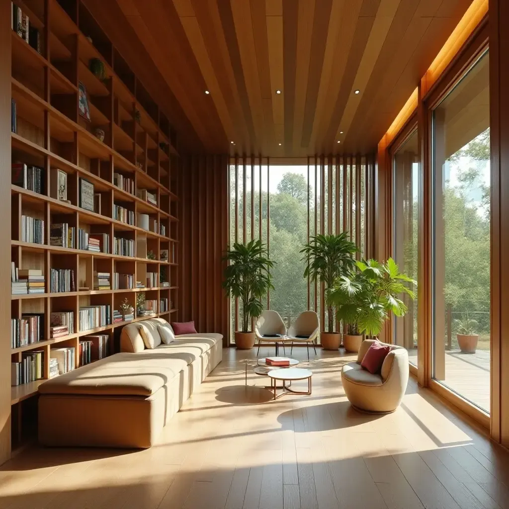 a photo of a tranquil library with a focus on sustainable materials