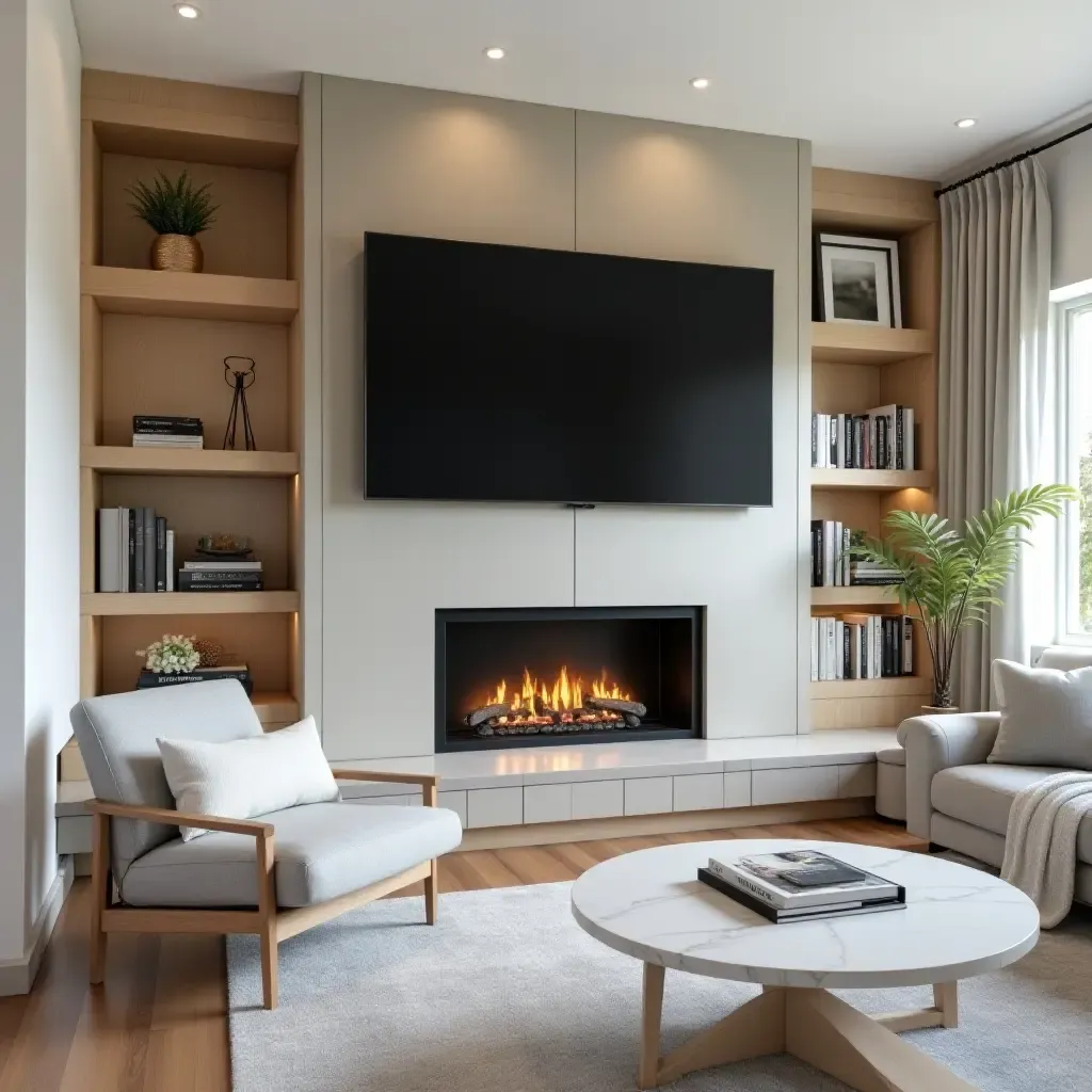 a photo of a modern fireplace surround with a built-in media console