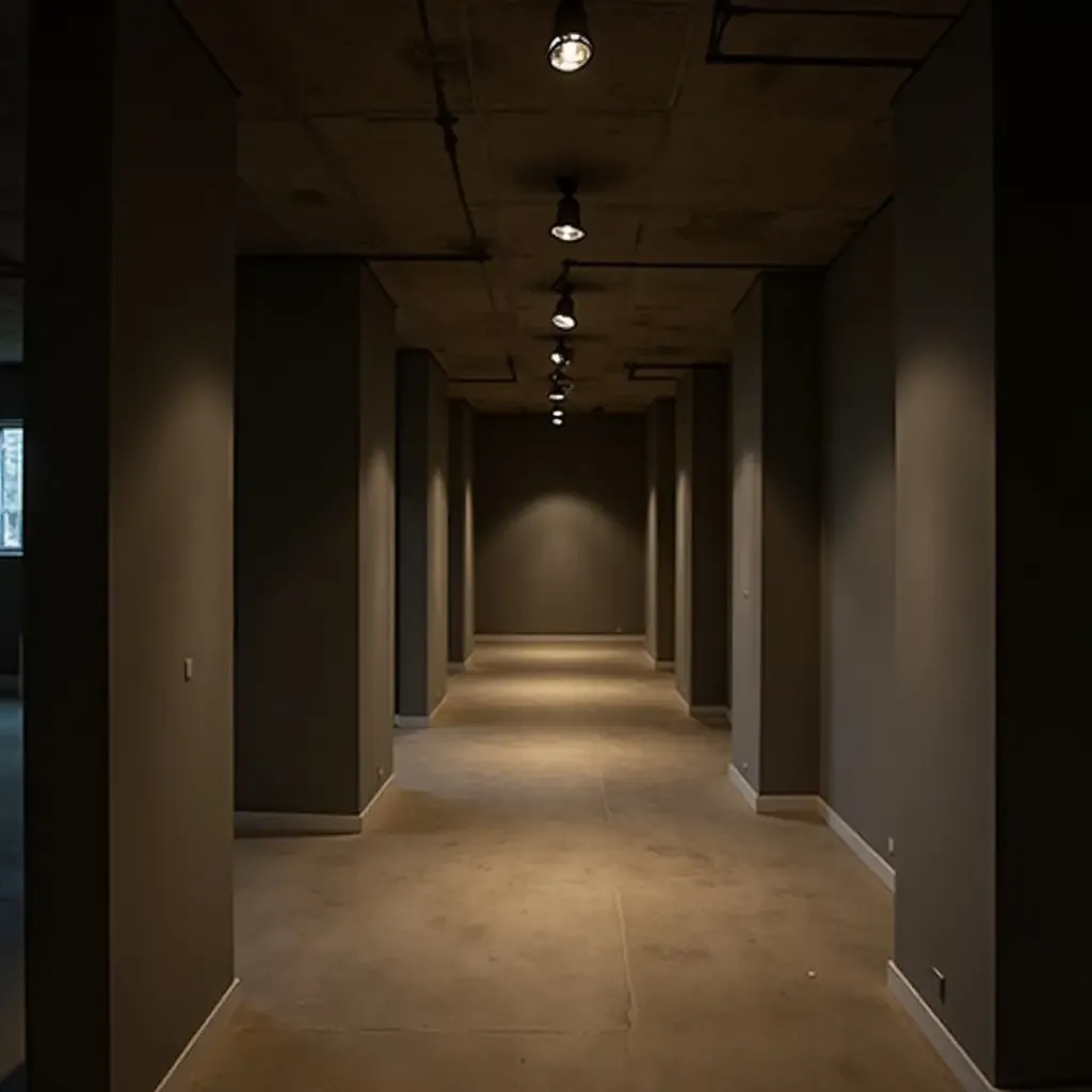 a photo of a basement with metallic light fixtures