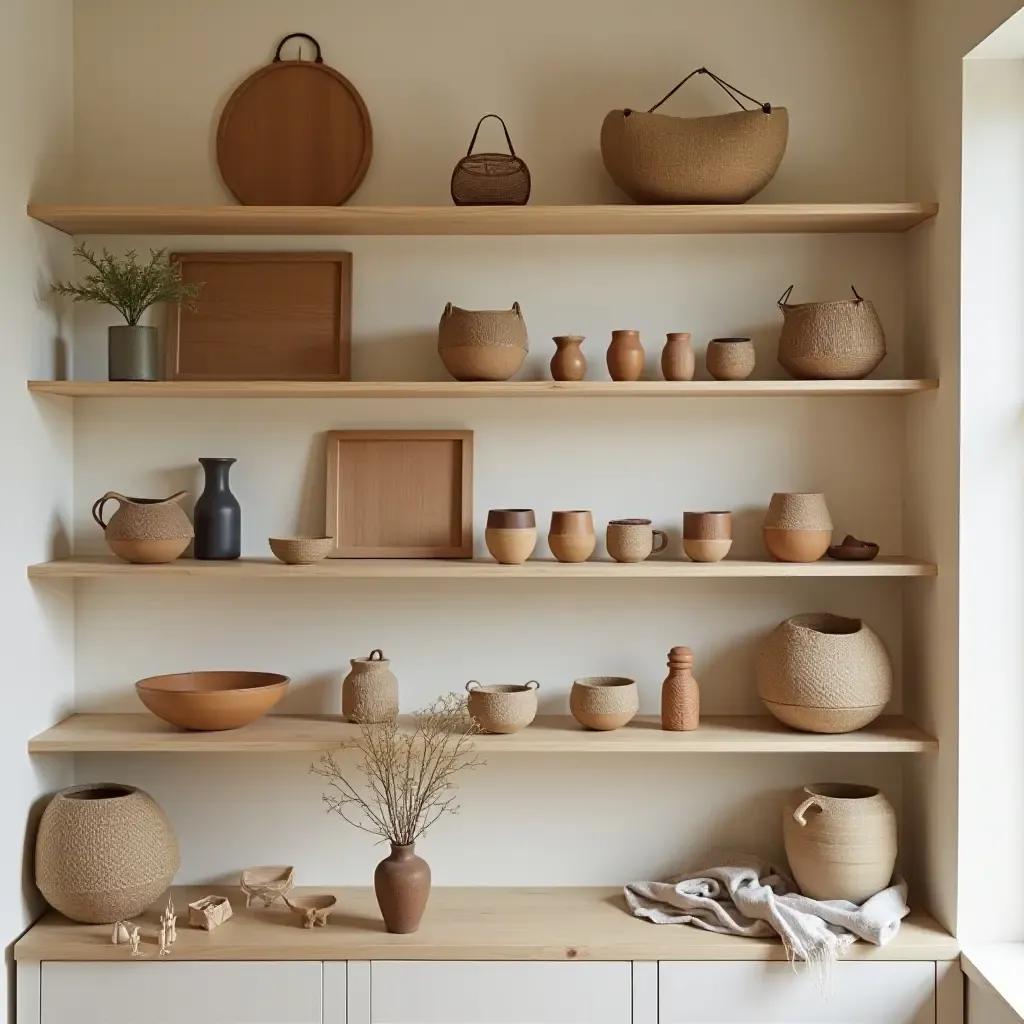 a photo of open shelves displaying a curated selection of handmade crafts