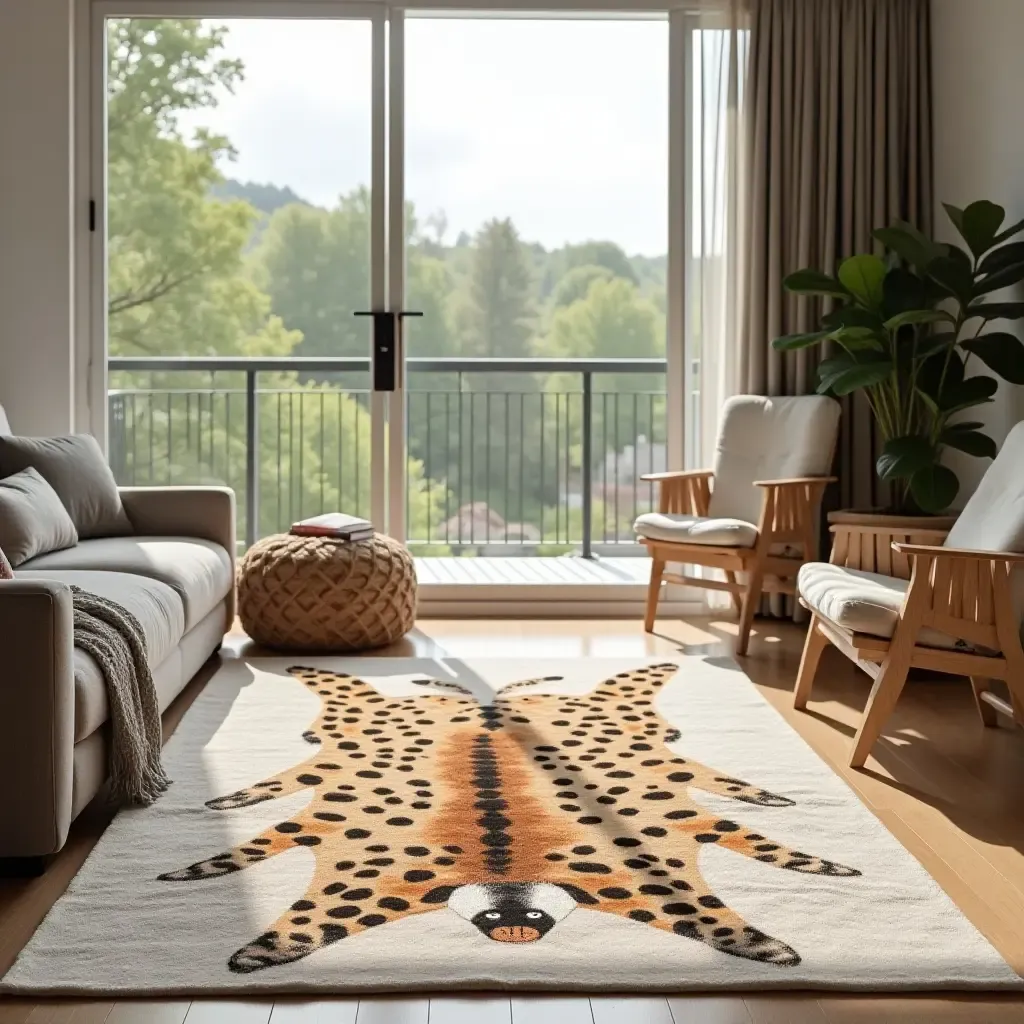 a photo of a playful animal print rug on a family-friendly balcony