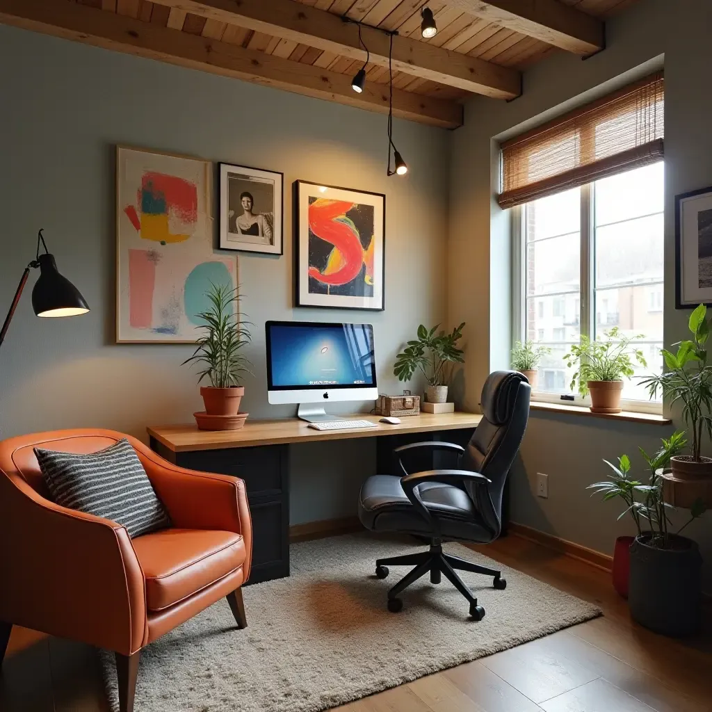 a photo of a basement office space with creative decor and inspiring artwork