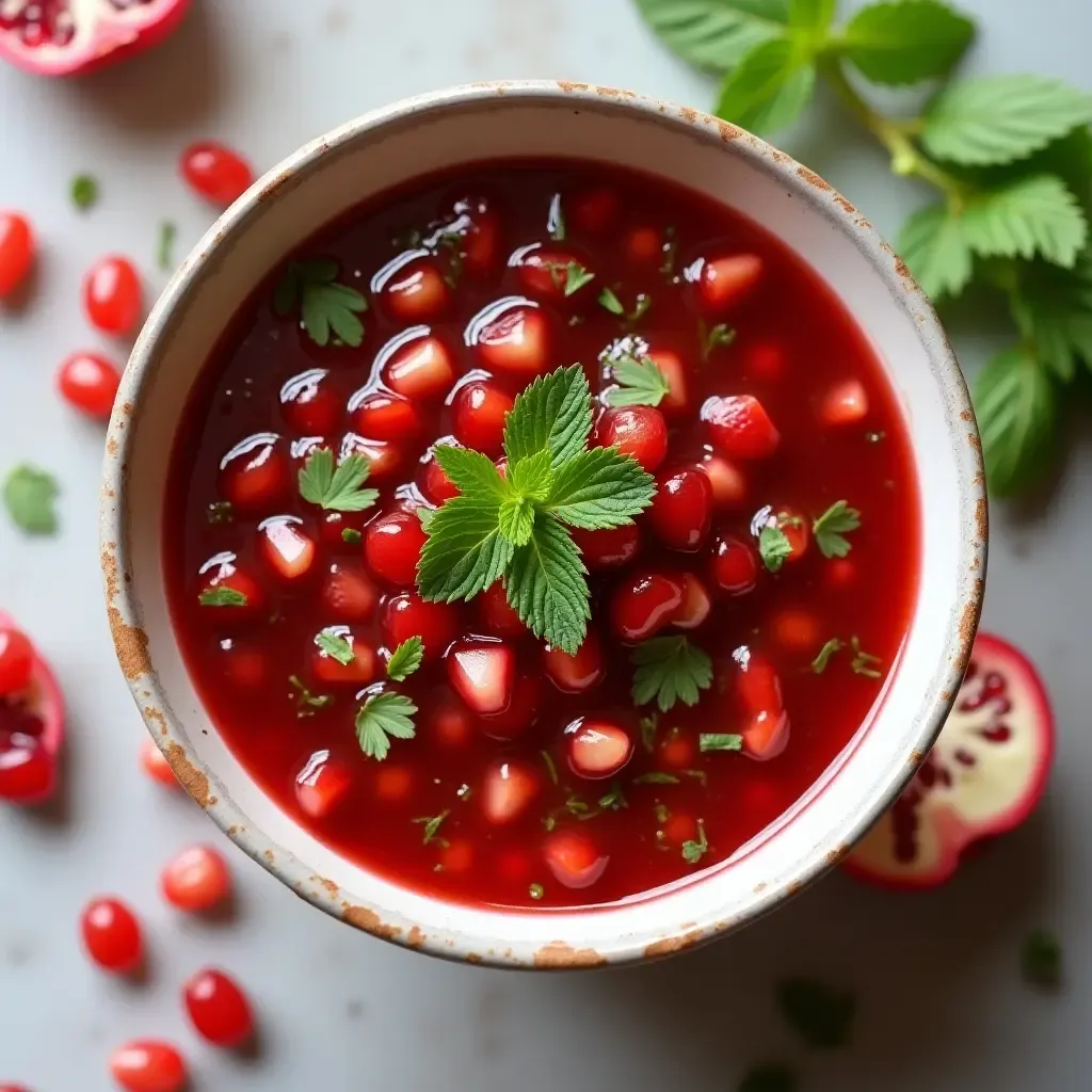 a photo of a zesty pomegranate salsa with mint and serrano peppers