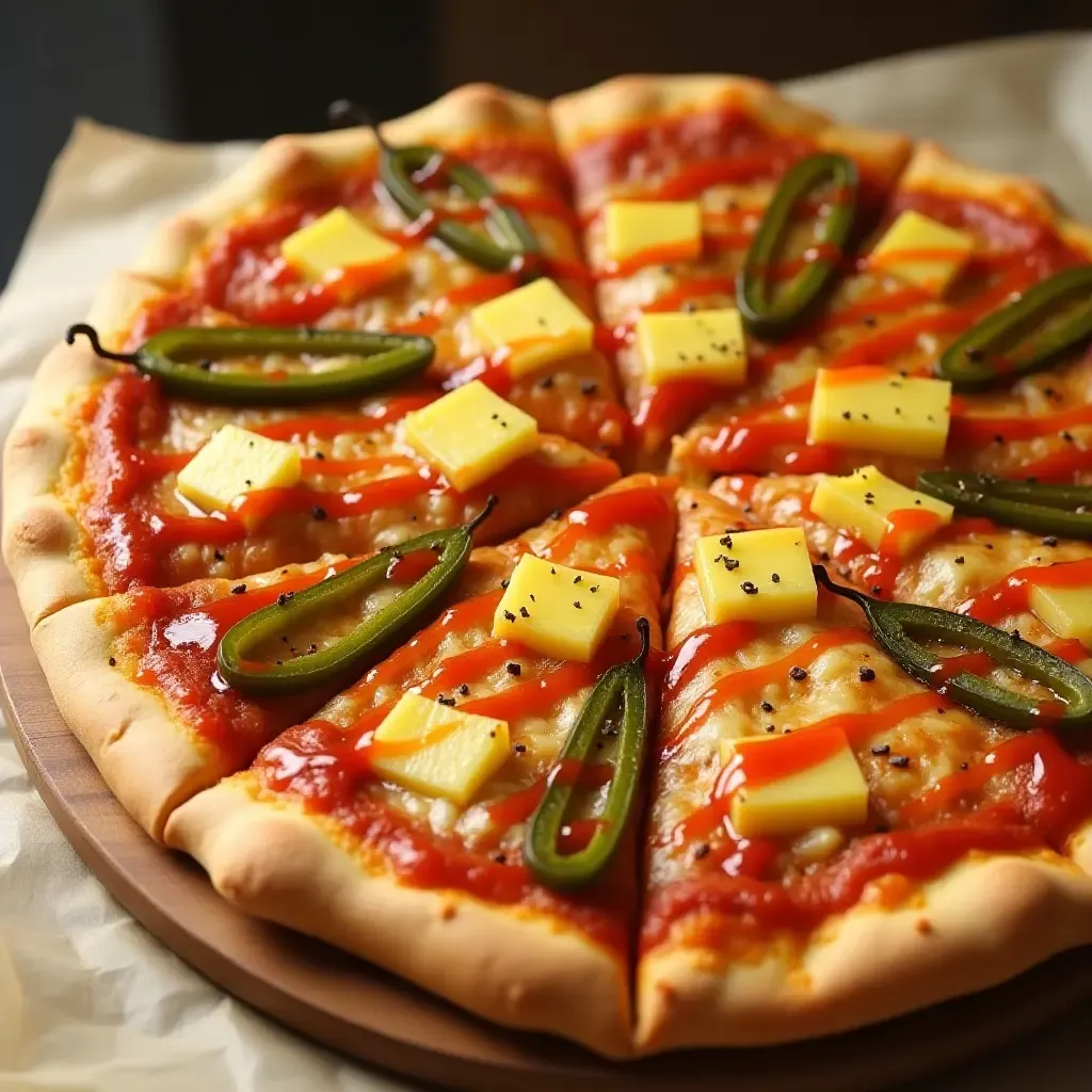 a photo of a pizza with pickled jalapeños, pineapple, and a spicy barbecue sauce drizzle