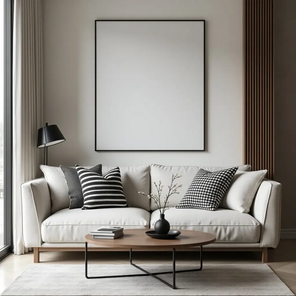 a photo of a sleek urban living room with monochrome throw pillows on a contemporary couch