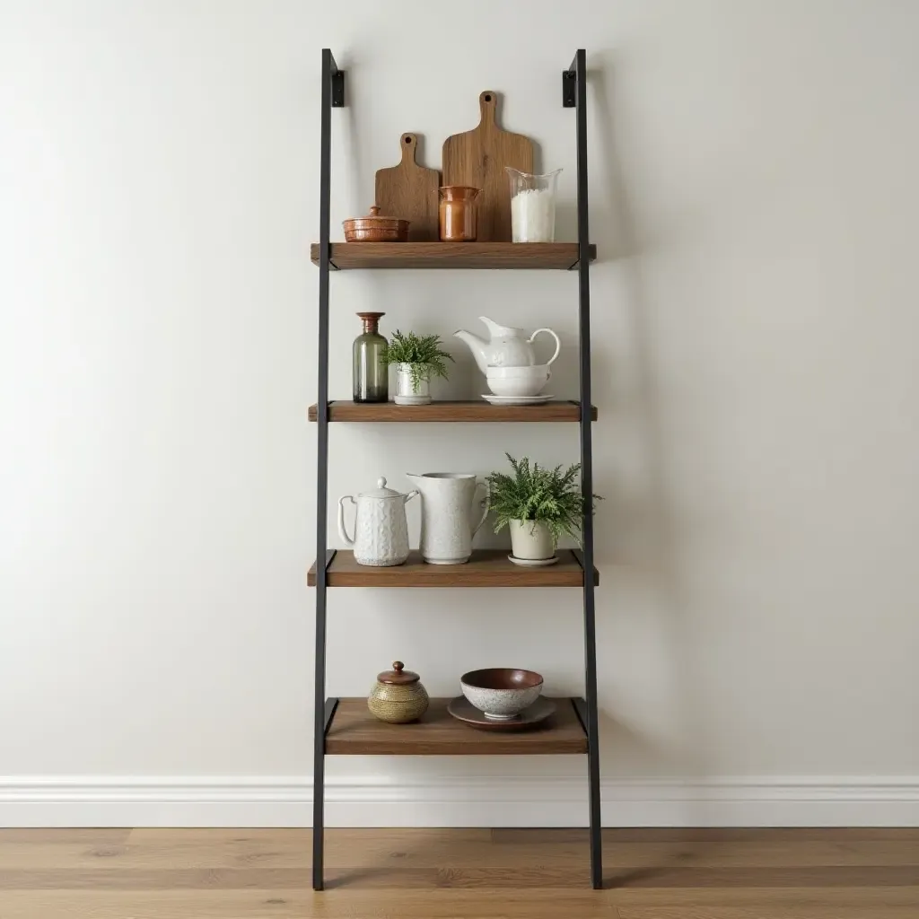 a photo of a metal ladder used for kitchen storage and decor