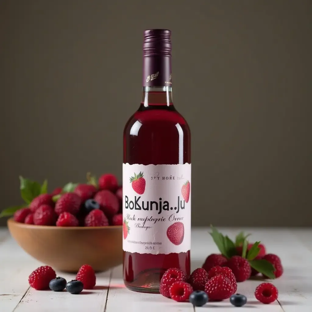 a photo of a bottle of bokbunja ju, a black raspberry wine, with a bowl of fresh berries.