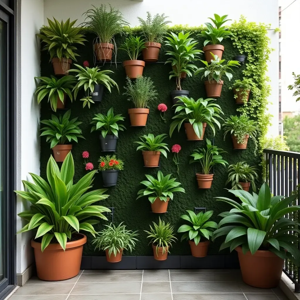 a photo of a balcony garden wall with a mix of hanging and potted plants