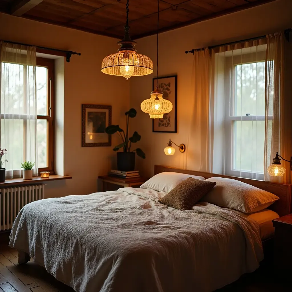 a photo of a bohemian-style bedroom with unique pendant lights