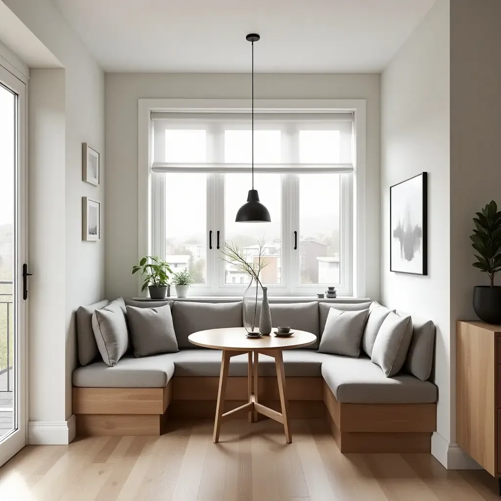 a photo of a Scandinavian-style breakfast nook with neutral tones and wood accents