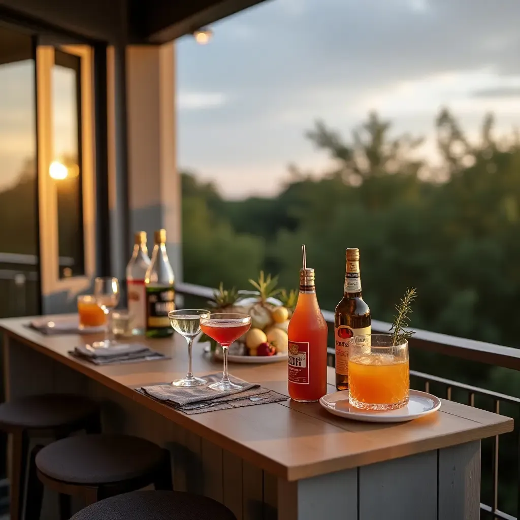 a photo of a balcony shelf featuring a small outdoor bar setup with drinks