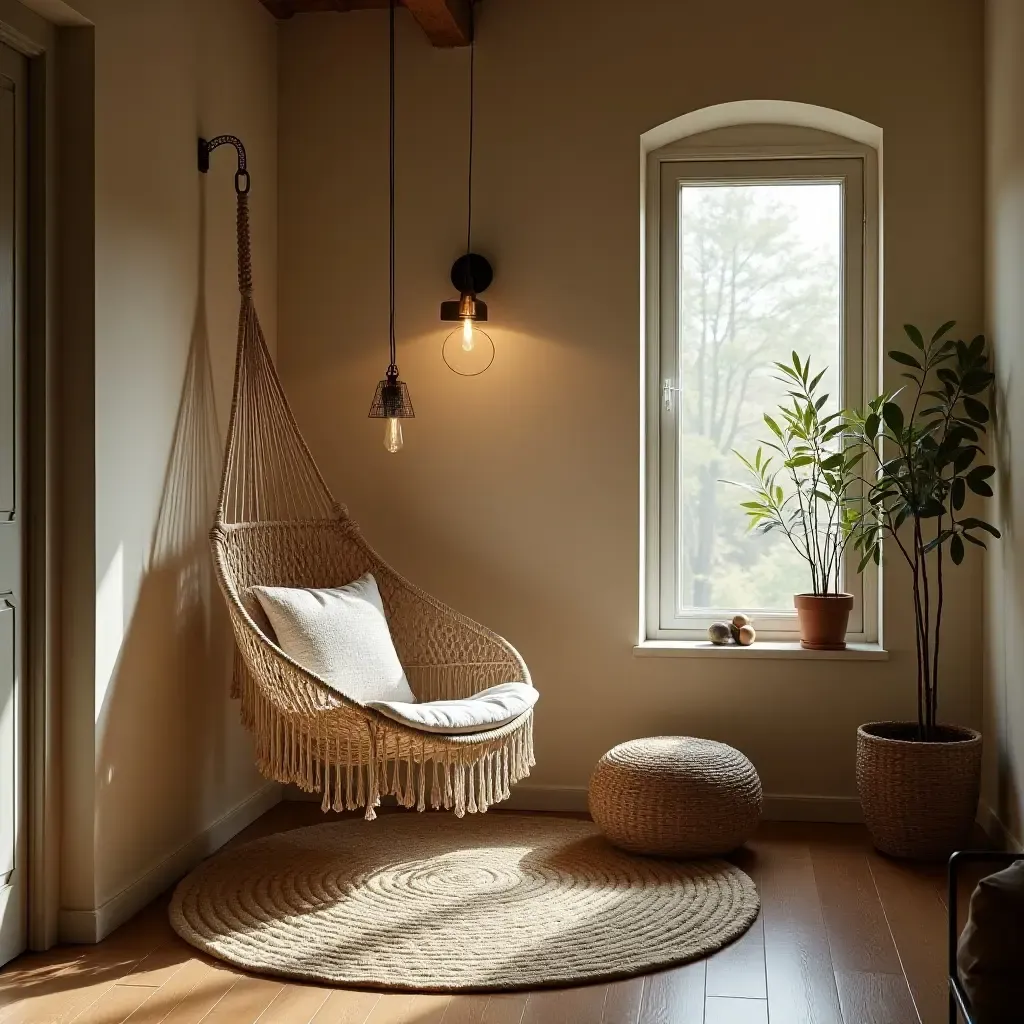 a photo of a cozy corner with a hammock chair