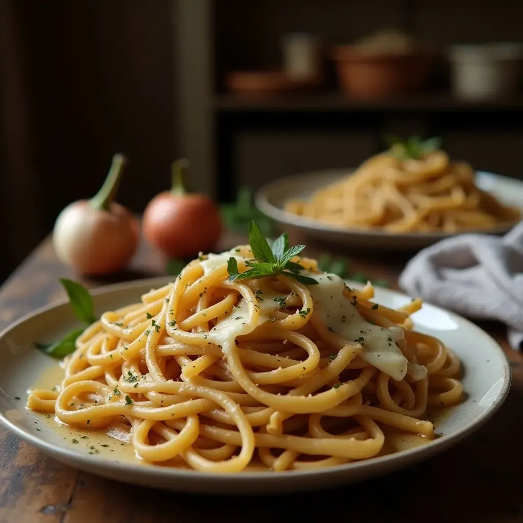 a photo of a rustic Italian kitchen with a plate of Pizzoccheri pasta, showcasing buckwheat noodles and melted cheese.