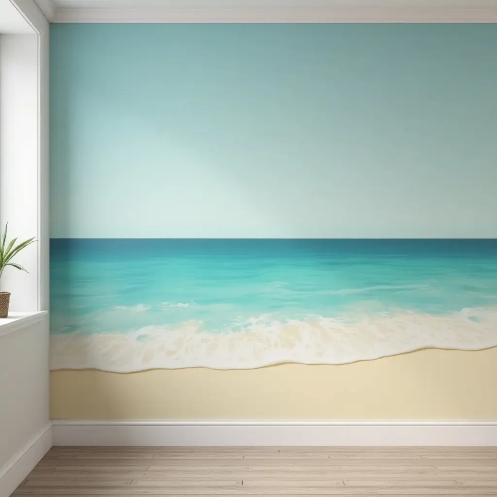 a photo of a basement wall painted with a calming beach scene