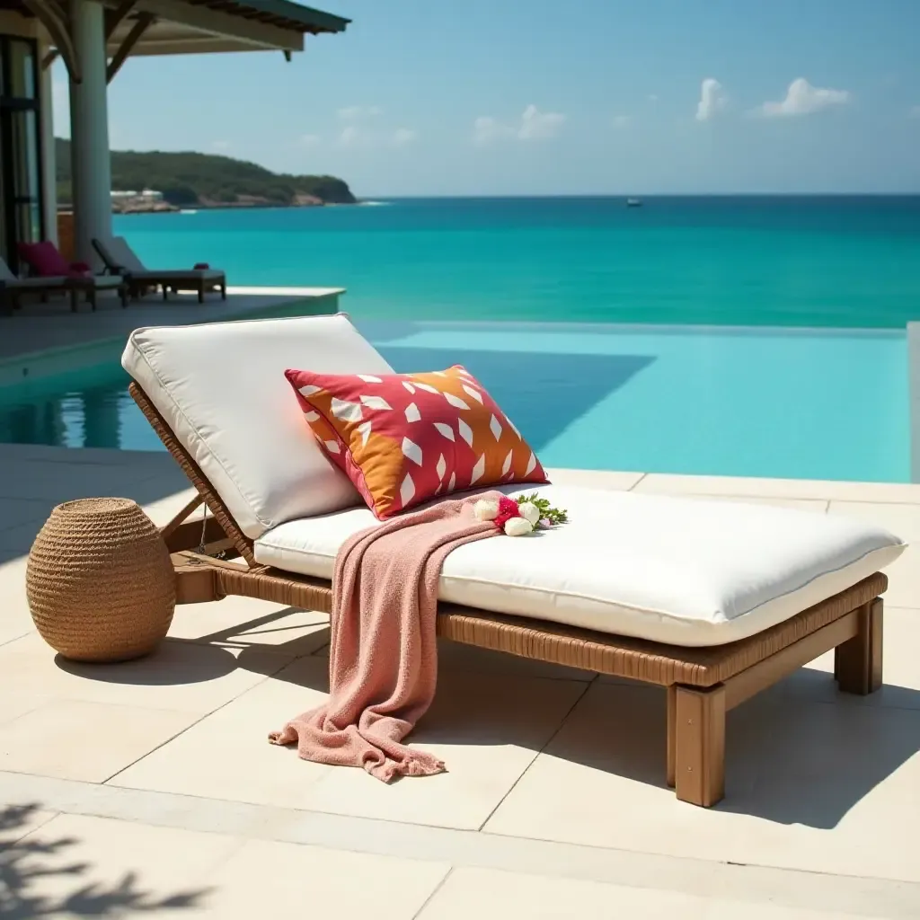 a photo of vibrant throw pillows on a luxurious poolside lounge