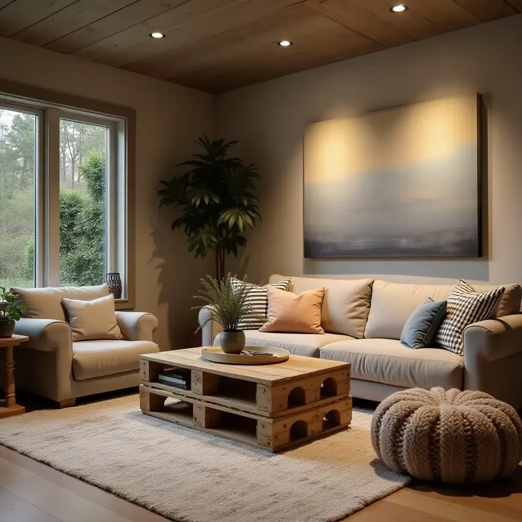 a photo of a cozy basement lounge area with DIY pallet furniture