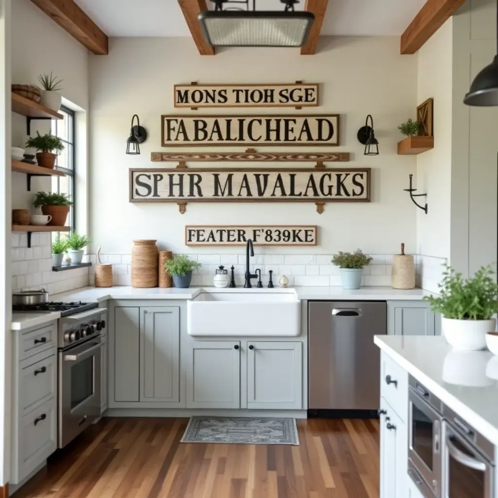 a photo of vintage wooden signs hanging in a cozy farmhouse kitchen