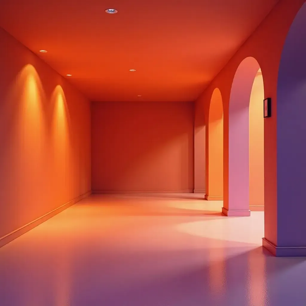 a photo of a basement adorned with bright orange and muted lavender