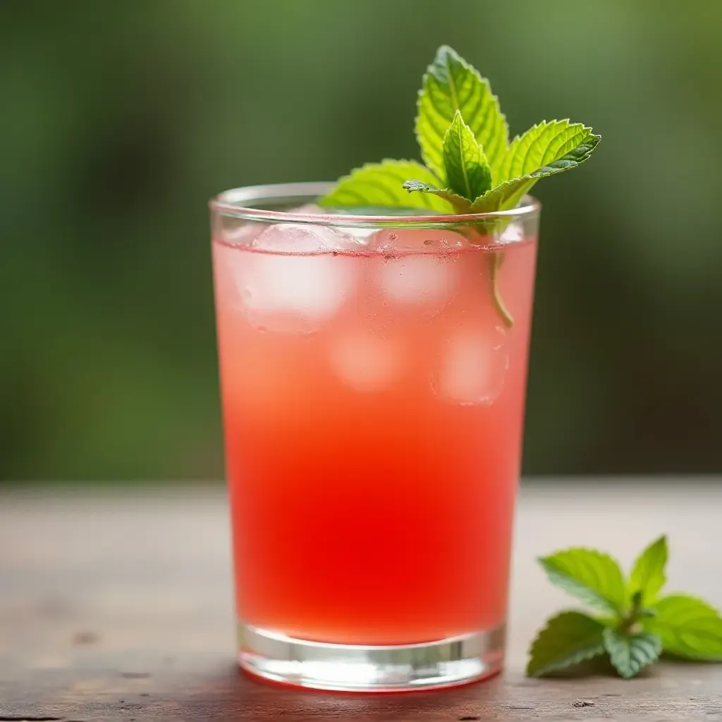 a photo of a chilled Thai roselle drink in a glass with mint leaves.