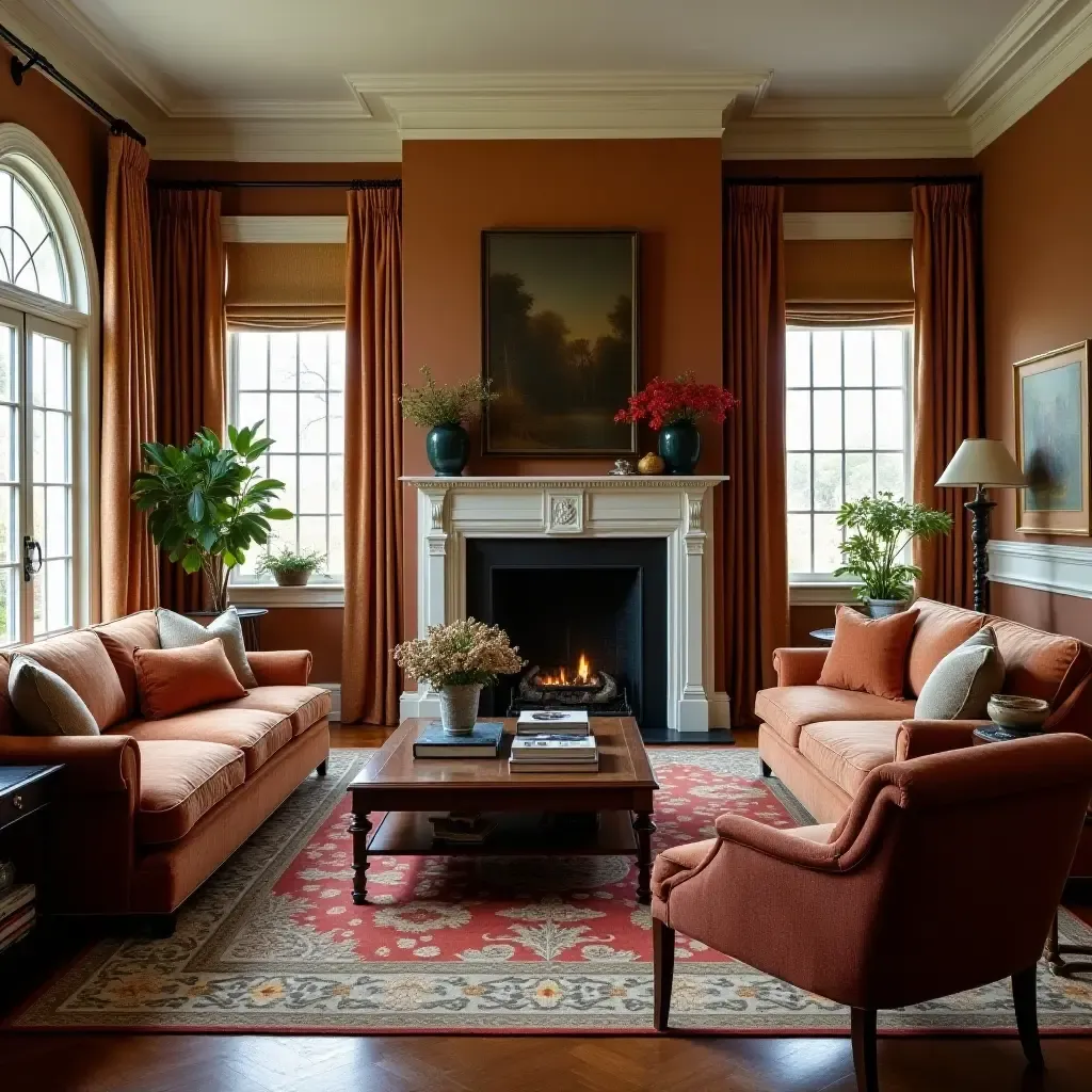 a photo of a traditional living room with classic furniture and rich fabrics