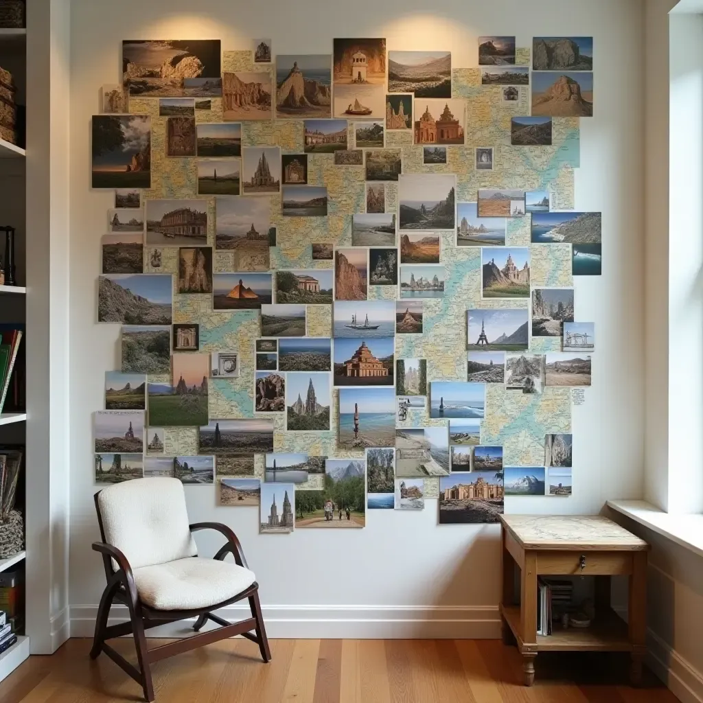 a photo of a basement wall with a collage of travel photos and souvenirs