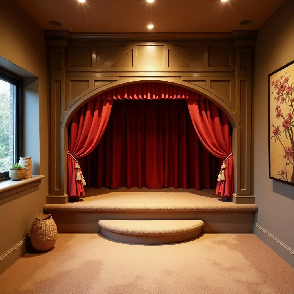 a photo of a basement featuring a whimsical puppet theater for kids