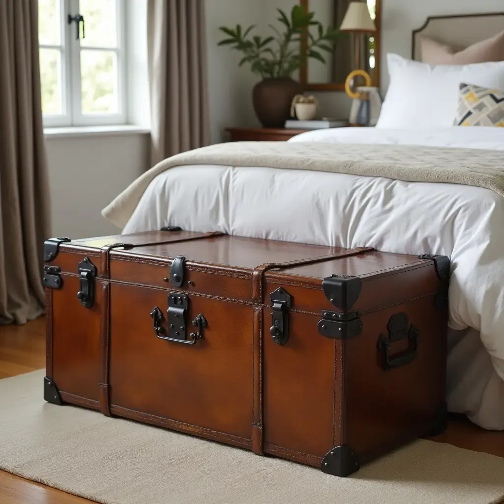 a photo of a vintage trunk used as a stylish storage solution at the foot of the bed