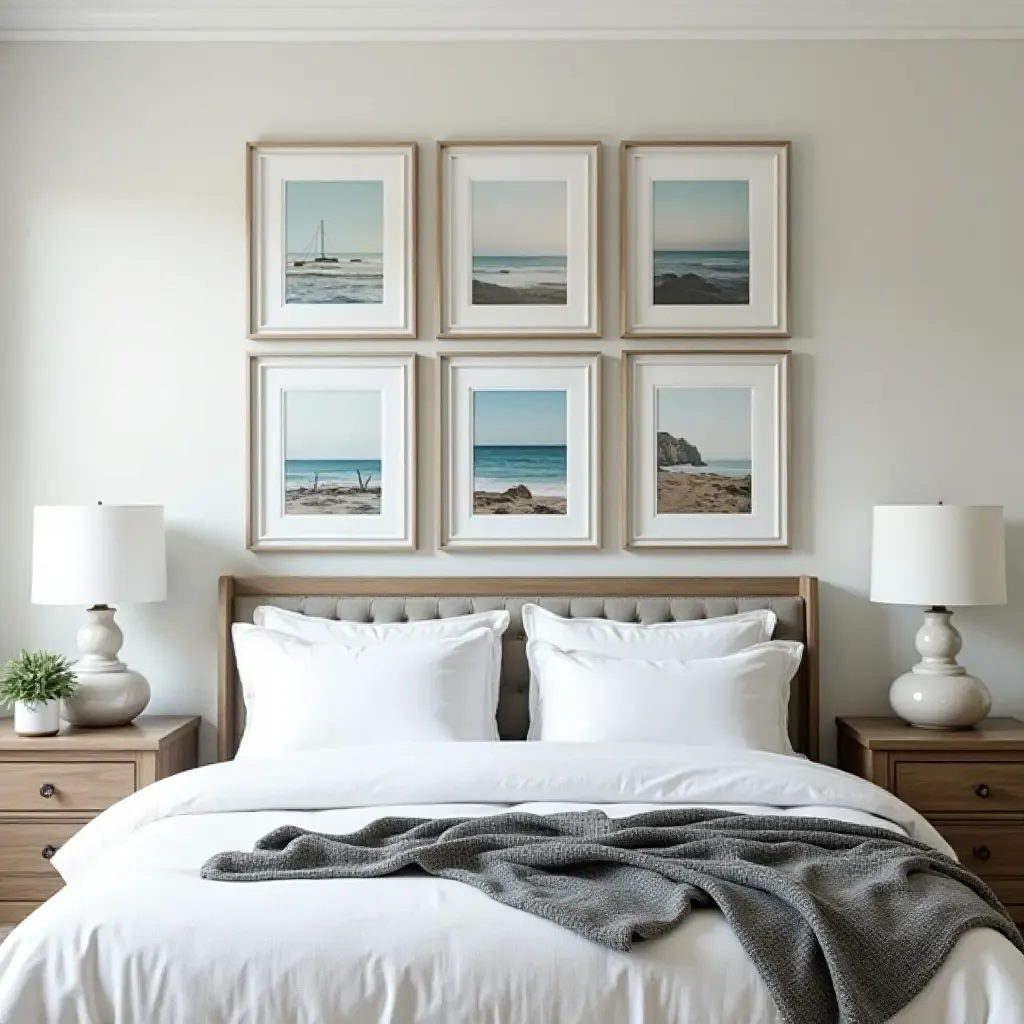 a photo of a coastal bedroom with a gallery wall of ocean-themed artwork