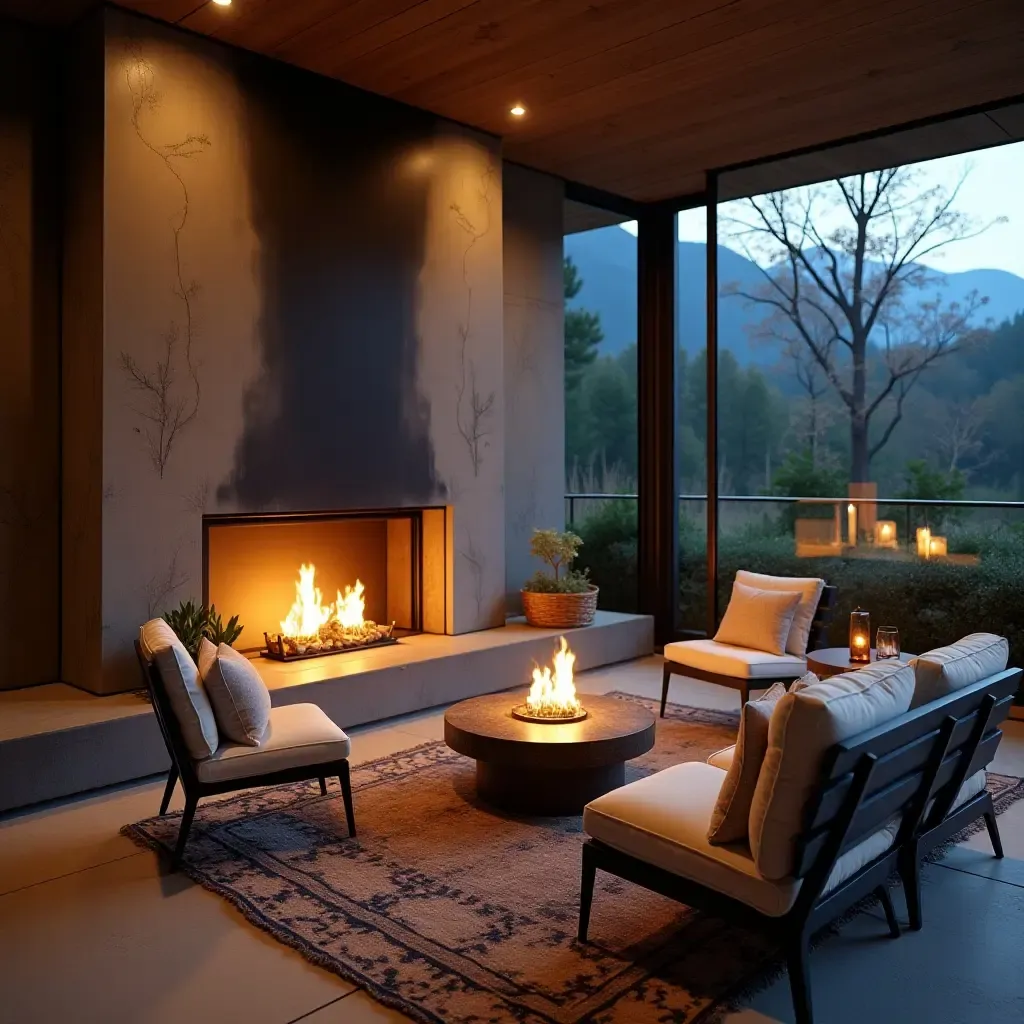 a photo of a balcony with a cozy fireplace and seating arrangement