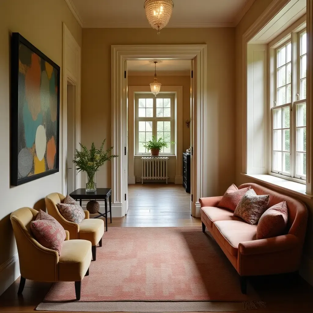 a photo of a vintage corridor enhanced by retro-style throw pillows