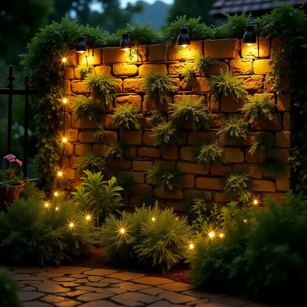 a photo of a whimsical garden wall with fairy lights and plants