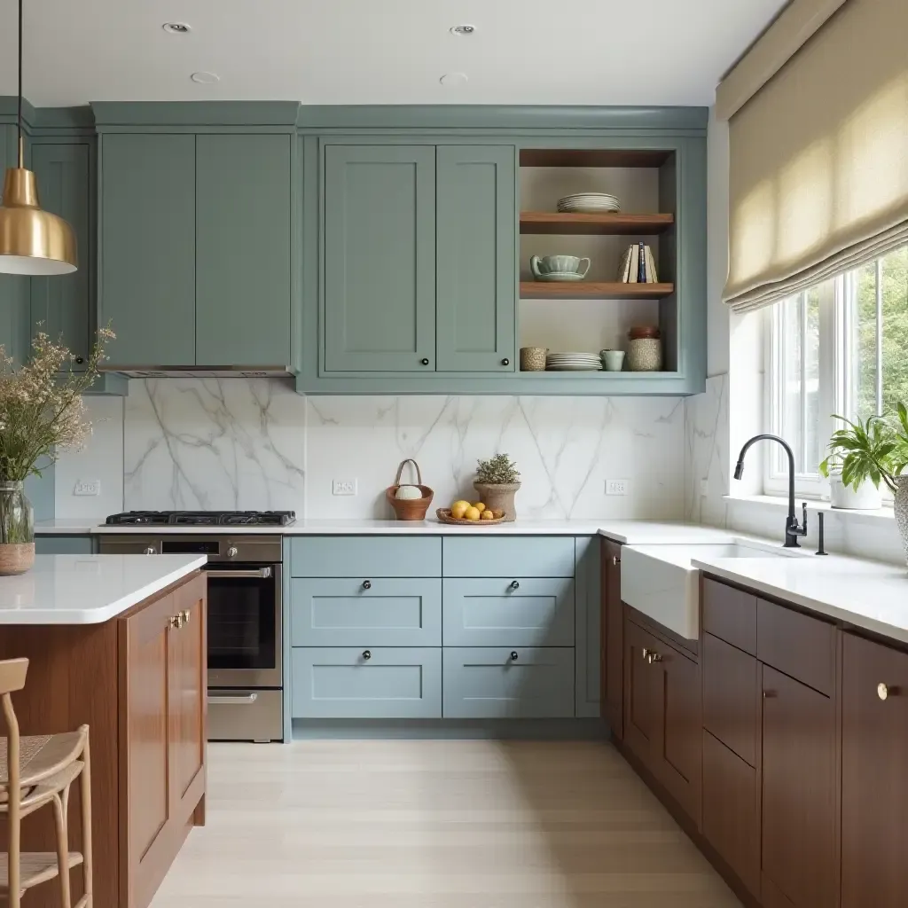 a photo of pastel blue and rich walnut cabinetry in a serene kitchen