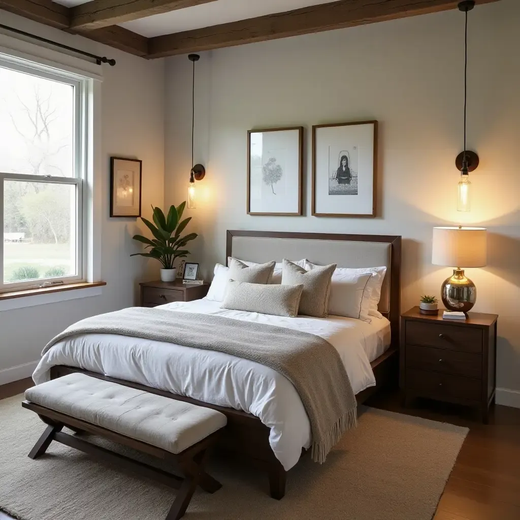 a photo of a serene bedroom with a blend of industrial and farmhouse elements