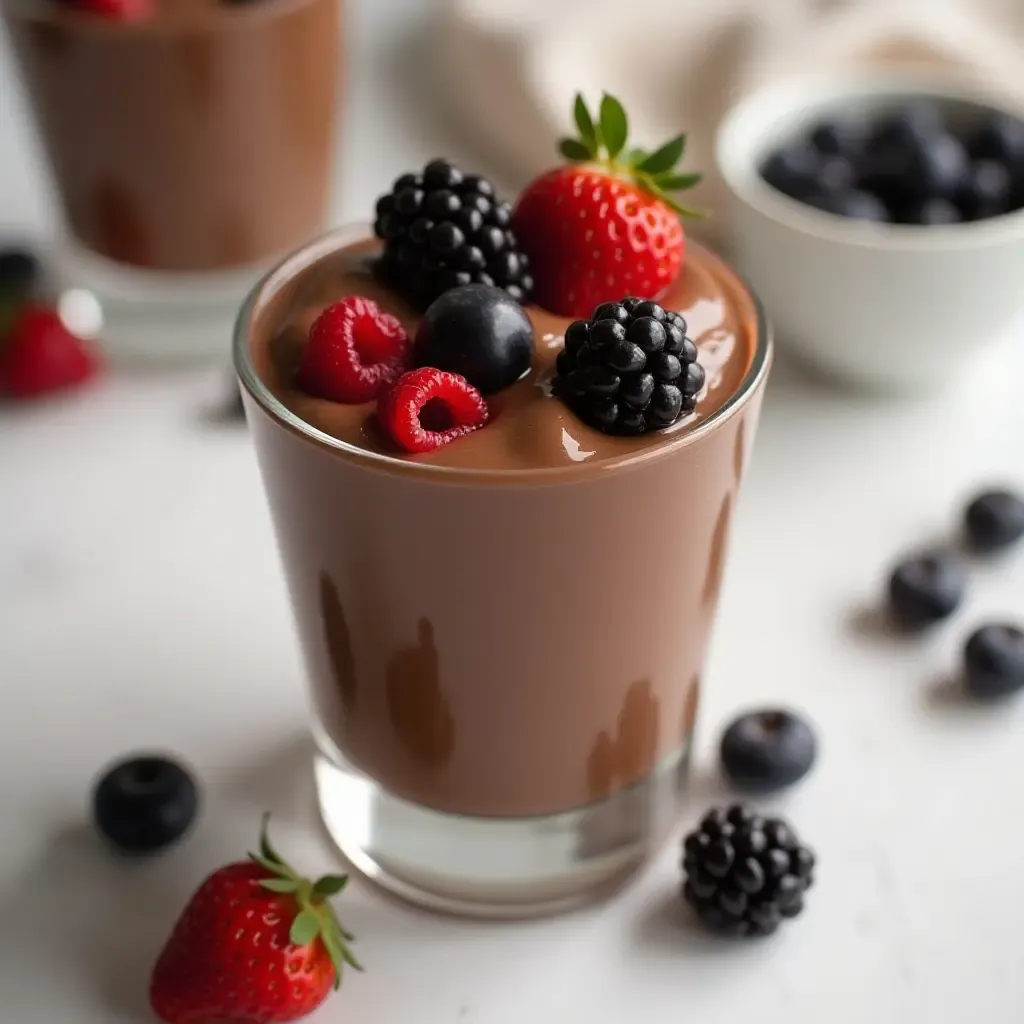 a photo of chocolate tofu mousse with berries in a glass.