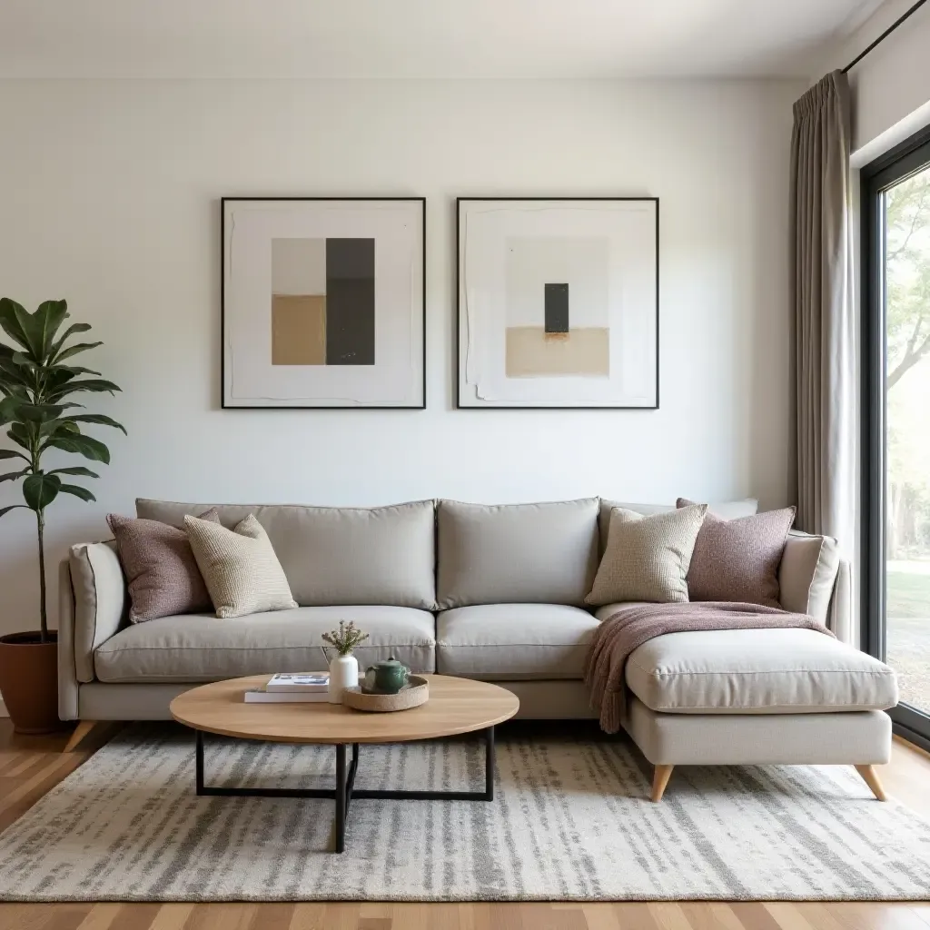 a photo of a modern family room featuring a vintage chaise lounge and contemporary cushions