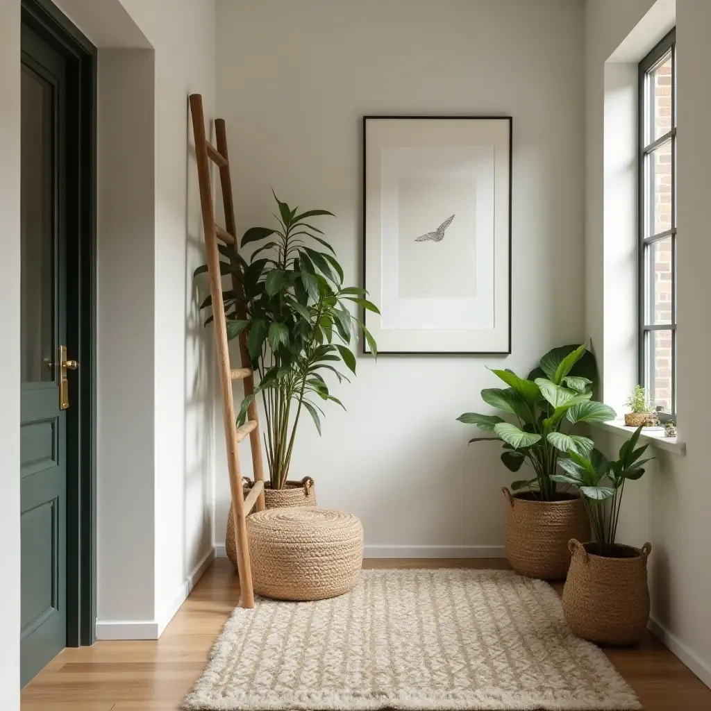 a photo of a charming entryway with a decorative ladder and plants