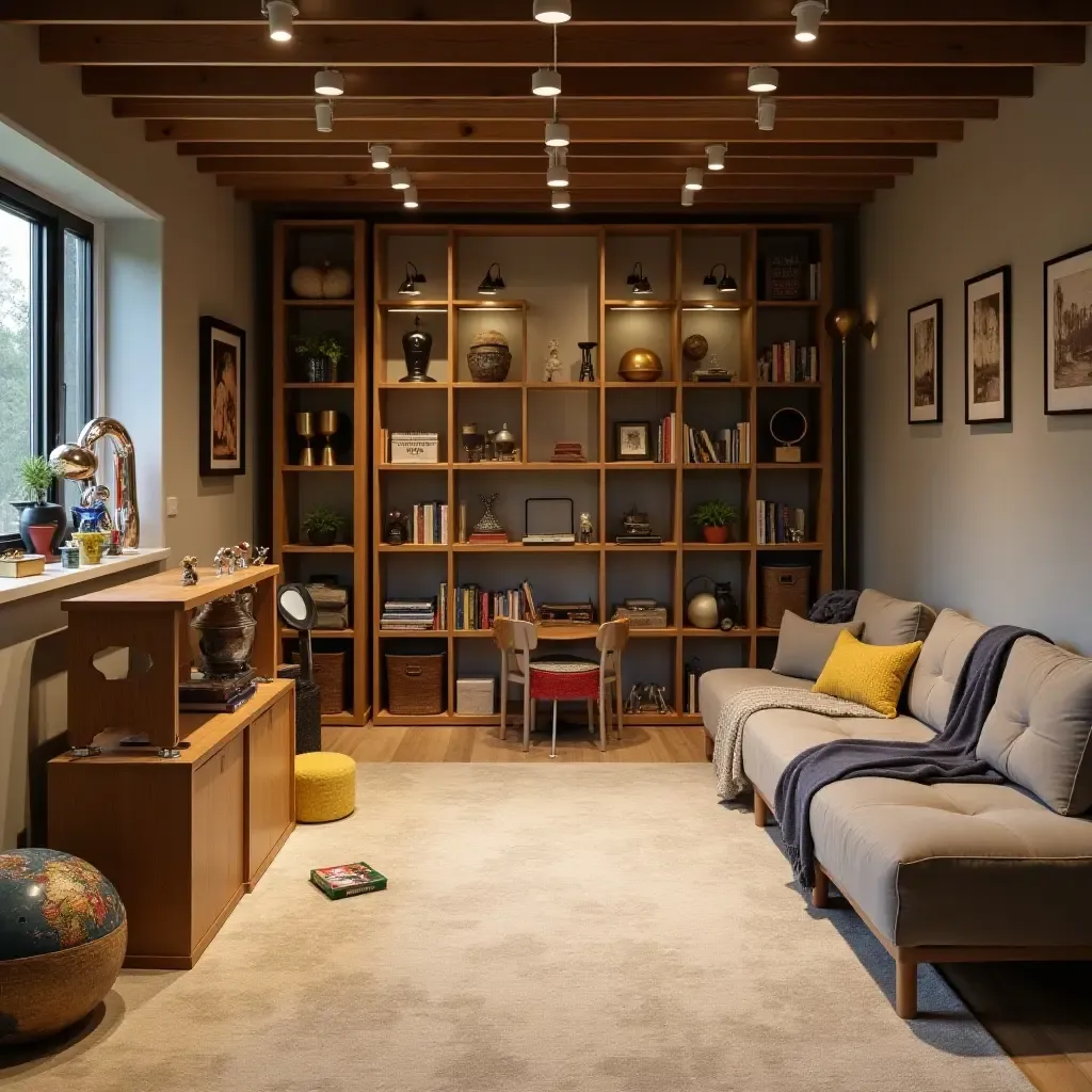 a photo of a basement playroom with metallic toys