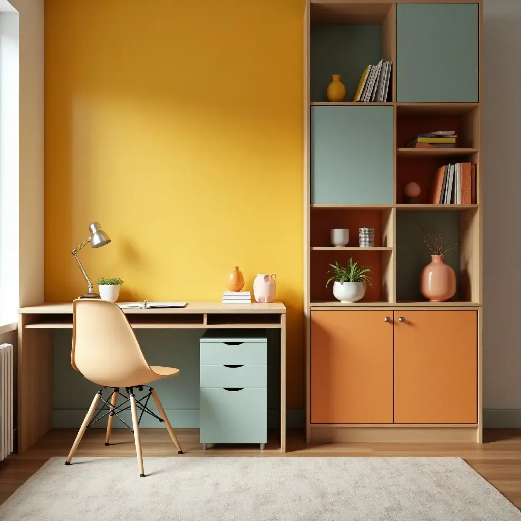 a photo of a vibrant room with a wall-mounted desk and storage