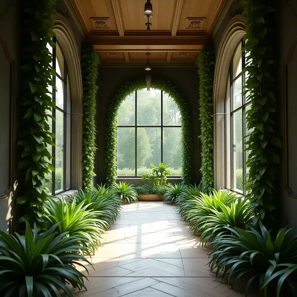 a photo of a narrow hallway with greenery framing the walls