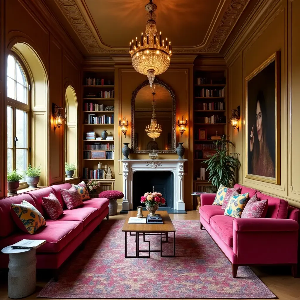 a photo of a vibrant library with metallic decor and colorful cushions