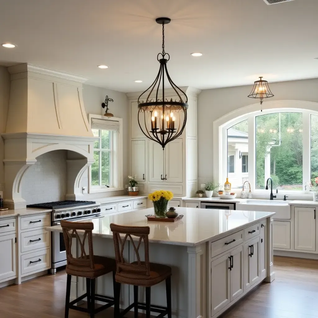 a photo of a kitchen featuring a Mediterranean-style chandelier