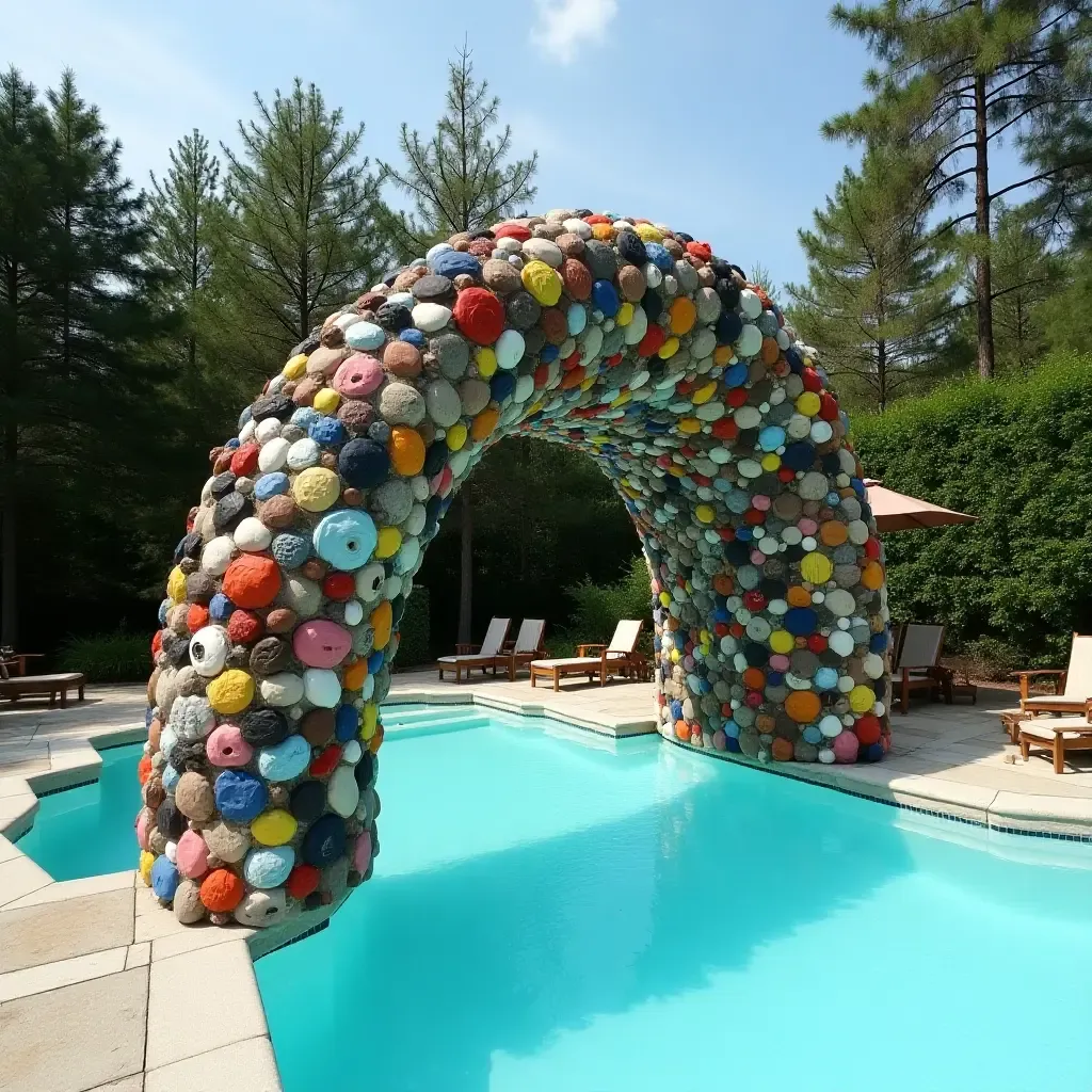 a photo of a poolside art installation made from recycled materials