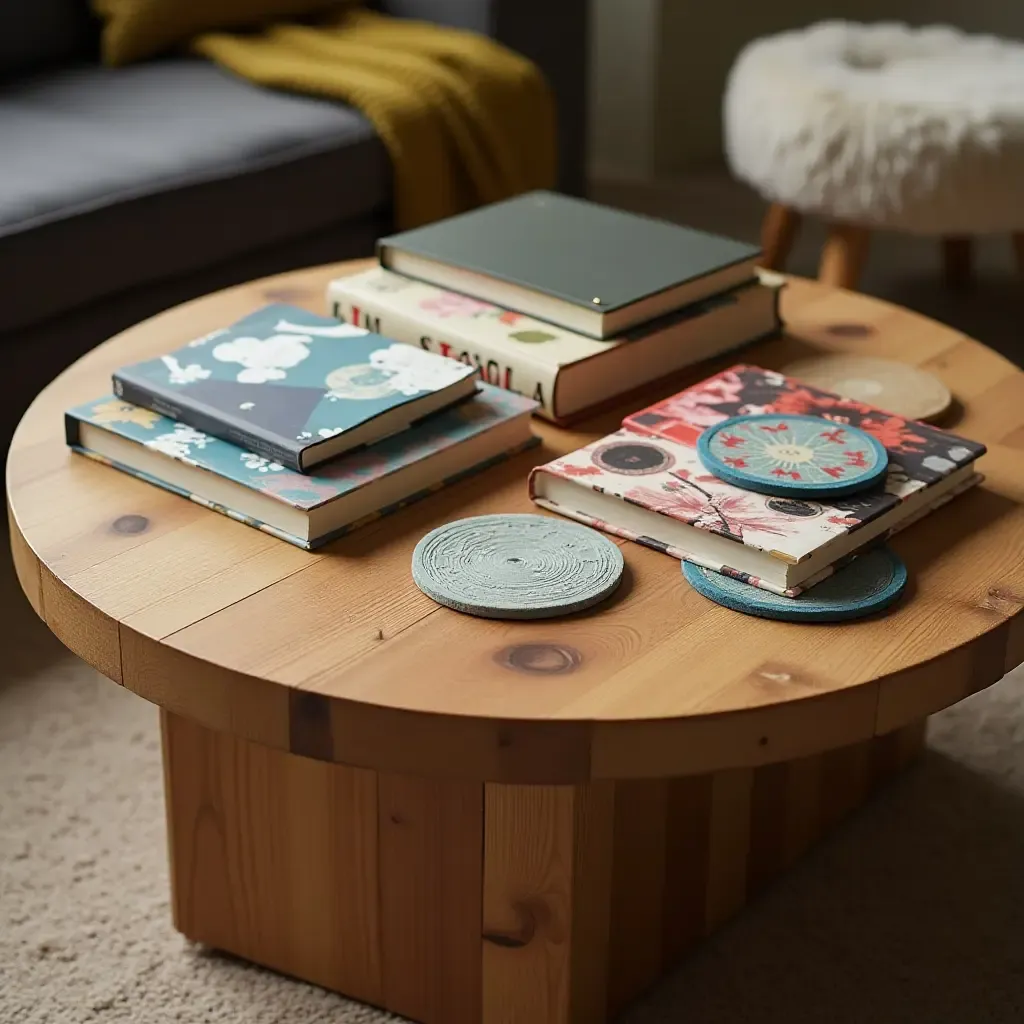 a photo of a wooden coffee table decorated with colorful coasters and books